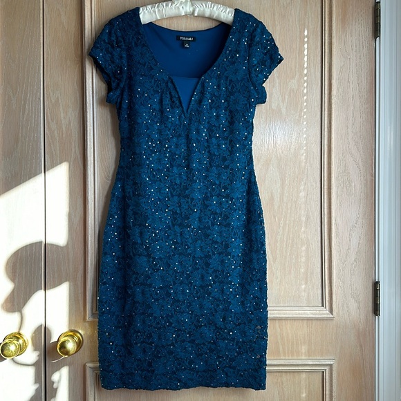 Teal Sparkly Roz & Ali Size 10 Fitted Dress Night Out Cocktail Formal Cap Sleeve - Picture 3 of 10